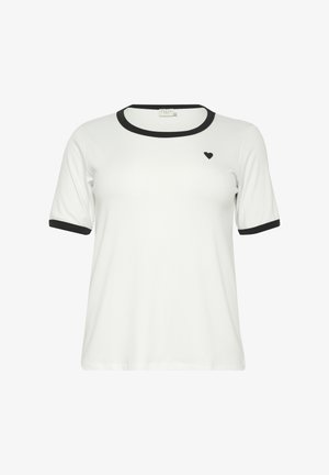 Fehér rövid ujjú póló fekete gallérral és mandzsettákkal. A bal mellrészen egy kis fekete szívlogó található. Simasága miatt kellemes anyagból készült.