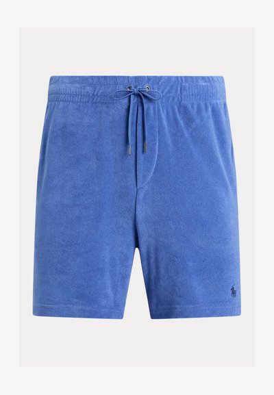 Μπλε βερμούδα από πετσέτα, με ελαστική μέση και κορδόνι, που διαθέτει ένα μικρό κεντημένο λογότυπο στο κάτω δεξί πόδι.