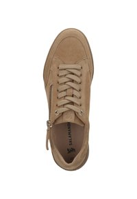 Beige Wildledersneaker mit passenden Schnürsenkeln, seitlichem Reißverschluss und mit Markeninnensohle, von oben auf einem weißen Hintergrund betrachtet.