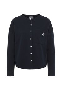 Camicia blu marina con collo rotondo, maniche lunghe, tasca sul petto con un'ancora ricamata e una vestibilità comoda.