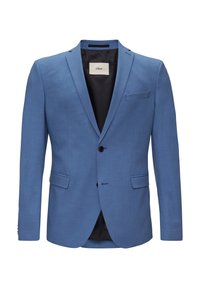 Niebieski blezer o strukturalnym fasonie, z wyłogami, pojedynczym czarnym guzikiem, dwiema przednimi kieszeniami oraz gładką powierzchnią. Widoczna czarna podszewka wewnątrz.