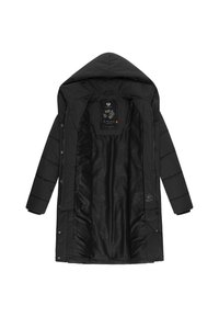 Juoda pūkinė striukė su kapišonu, pasižyminti tekstūruota vidine danga, spaustukų užsegimu ir kviltuotu dizainu. Pridedami logotipo detalės.