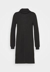 Schwarzes Langarmkleid mit hohem, geripptem Rollkragen. Das Material sieht glatt und weich aus, mit einer geraden, lockeren Passform.