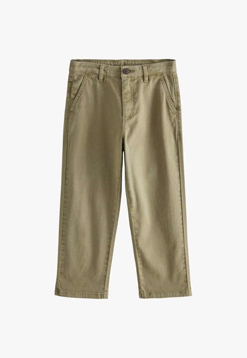 Chinos vert olive clair en coton doux. Dotés d'une coupe droite, de poches à l'avant et d'une fermeture à bouton à la taille.