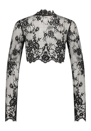 Haut cropped en dentelle noire à manches longues avec motif floral, décolleté festonné et ourlet. Tissu transparent avec des détails complexes tout au long.