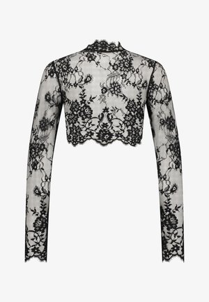 Haut cropped en dentelle noire à manches longues avec motif floral, décolleté festonné et ourlet. Tissu transparent avec des détails complexes tout au long.