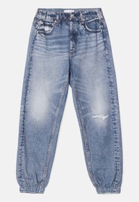 Lichtblauwe denim joggerbroeken met een elastische tailleband, met een versleten knie, taps toelopende boorden en subtiele vervaging overal.