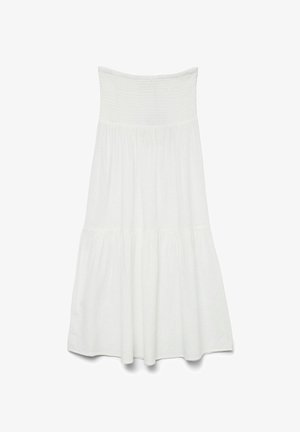 Witte strapless jurk met een smocked lijfje en een uitlopende, gelaagde rok. Gemaakt van lichte stof met een zachte textuur.