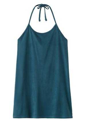 Mouwloze teal halslijnjurk met een strikband aan de nek, rechte zoom en eenvoudig, glad stof.
