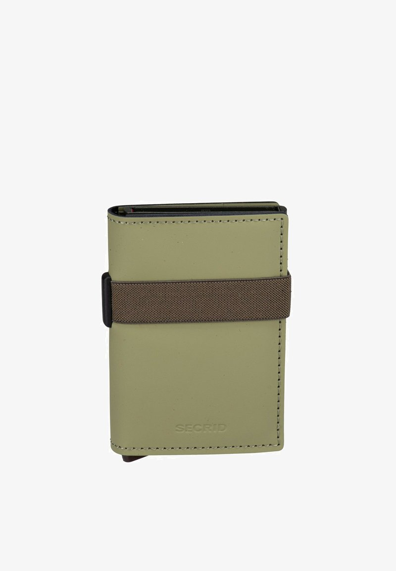 Petit portefeuille en cuir vert olive avec sangle élastique marron et bords cousus, portant la marque "SECRID" au centre devant.