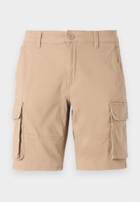 Shorts cargo beiges en tissu mélangé coton, dotés de deux poches latérales, de deux poches utilitaires et d'une fermeture à bouton sur le devant.