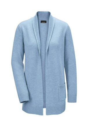 Hellblauer Cardigan aus weichem Strickstoff, mit einem Schalkragen, offenem Vorderteil, gerippten Bündchen und zwei Vorderstaschen.