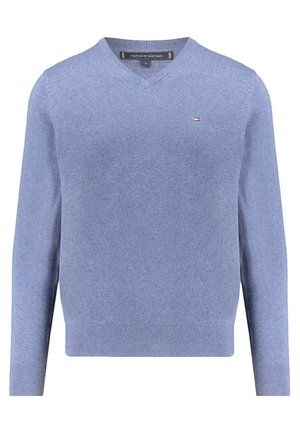 Lichtblauwe heren trui met V-hals en lange mouwen, met geribde boorden en zoom, met een klein Tommy Hilfiger-logo op de borst.