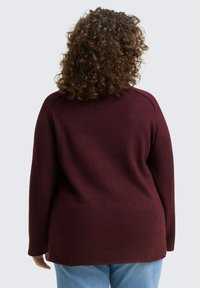 Pull bourgogne avec un tricot texturé, à manches longues et à la coupe décontractée, vu de dos sur un fond gris clair.