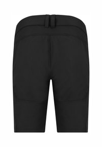 Schwarze Shorts mit glatter Textur, zwei seitlichen Taschen und zwei verstellbaren Rückenschnallen, im knielangen Design.