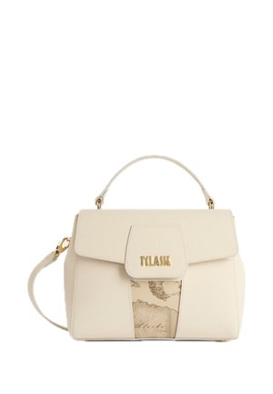 Borsa strutturata beige con manico superiore, chiusura dorata, tracolla removibile e pannello con stampa di mappa al centro anteriore.