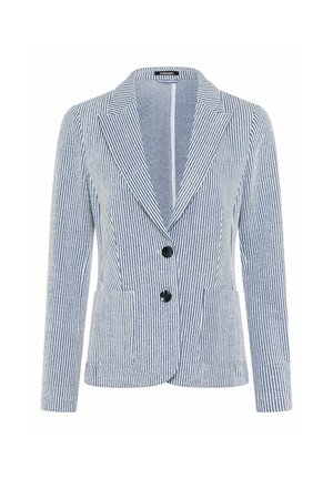 Gestreifter Blazer in Blau und Weiß, aus strukturiertem Stoff gefertigt. Verfügt über einen Reverskragen, zwei vordere Taschen und zwei schwarze Knöpfe.