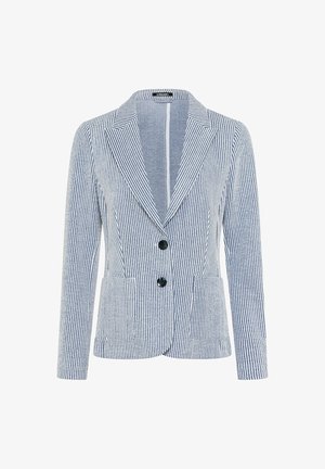 Gestreifter Blazer in Blau und Weiß, aus strukturiertem Stoff gefertigt. Verfügt über einen Reverskragen, zwei vordere Taschen und zwei schwarze Knöpfe.