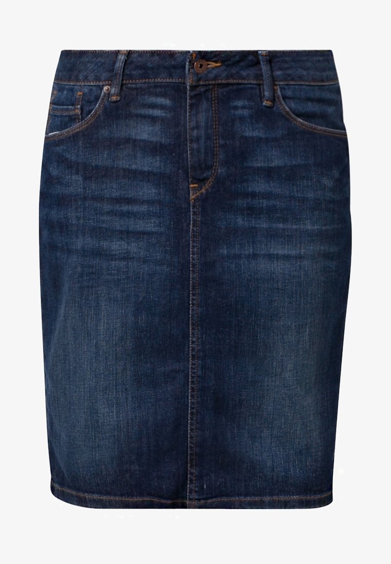 Jupe en denim bleu foncé, avec une coupe droite, une longueur mi-mollet, des poches avant et une fermeture à un bouton à la taille.