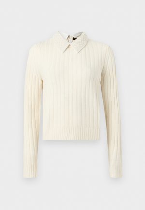 Pull crème côtelé à manches longues avec col pointu texturé orné de perles et ourlet droit.