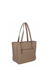 Beige synthetische Tragetasche mit zwei Schulterriemen, einer Reißverschlussfronttasche und einer strukturierten Oberfläche. Abgerundete Ecken und geräumiges Innendesign.
