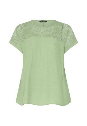 Hellgrüne Kurzarmbluse mit Spitzenmuster am Einsatz und an den Ärmeln, rundem Ausschnitt und lockerem Sitz.