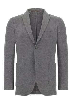 Hallhalline tekstuuriga hall bleiser, millel on peen muster, nurgelised kraed, ühe nupu sulgemine ja kaks esikäsi. Vooderdatud sisu.