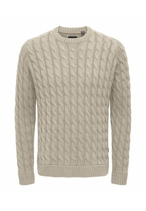 Beige cable-knit sweater with a round neckline, ribbed cuffs and hem. Features textured, raised patterns throughout the fabric.