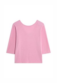 Roze, lichtgewicht top met een ronde hals en driekwart mouwen, met een zachte textuur en een eenvoudig, naadloos ontwerp.