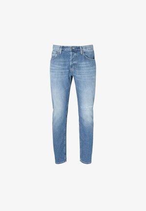 Jeans in denim azzurro chiaro con una vestibilità slim, caratterizzati da zone scolorite, lievi usure sul ginocchio e classico design a cinque tasche.