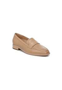 Bruine leren loafers met een gestructureerde afwerking, een rechthoekige bovenband en een lage blokhak, met een schoon, minimalistisch ontwerp.