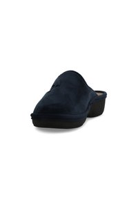 Pantofole scivolate di un blu navy scuro, realizzate in un materiale morbido simile alla pelle scamosciata, con design curvo e suola nera bassa. Presentano una punta arrotondata e una soletta imbottita.