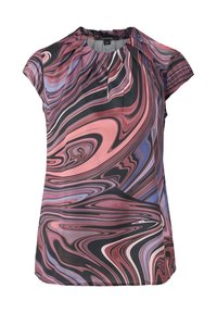 Kurzarmbluse mit einem wirbelnden Muster in Rosa, Lila und Schwarz, aus leichtem Stoff mit einem plissierten Ausschnitt.