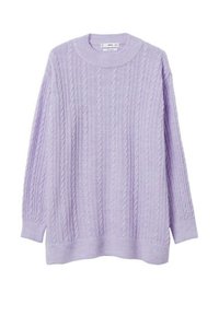 Lavender cable-knit long-sleeve sweater with ribbed crew neckline, cuffs, and hem.
