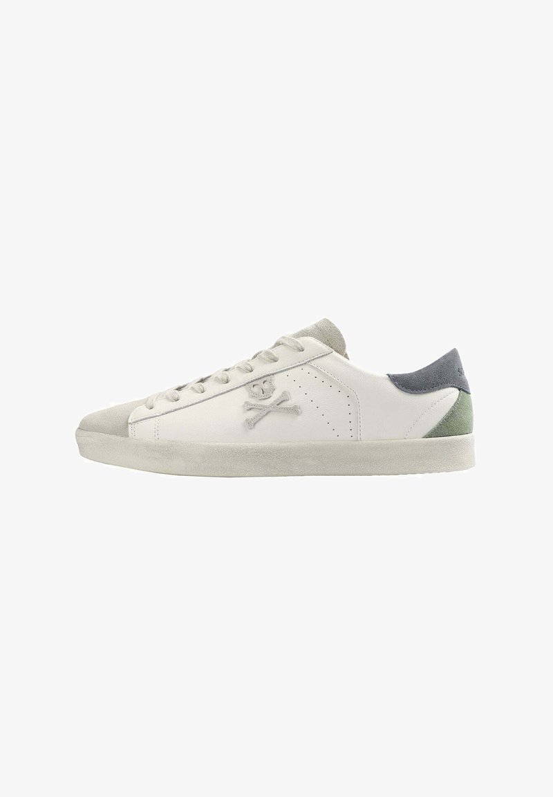 White leather sneakers with grey suede accents, round toe, perforated details on the sides, featuring a skull and crossbones logo.