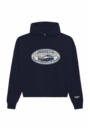 Navy blue hoodie with front pocket, featuring an oval graphic of a sports car, globe, and "Prohibited Racing Club" text on chest.
