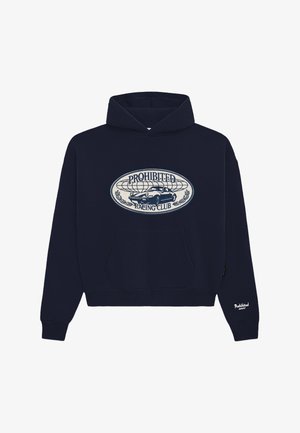 Navy blue hoodie with front pocket, featuring an oval graphic of a sports car, globe, and "Prohibited Racing Club" text on chest.