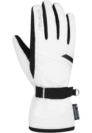 Guanto softshell bianco con accenti neri, superficie testurizzata per la presa e cinturino regolabile al polso. Presenta un logo e materiale impermeabile.