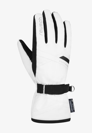 Guanto softshell bianco con accenti neri, superficie testurizzata per la presa e cinturino regolabile al polso. Presenta un logo e materiale impermeabile.