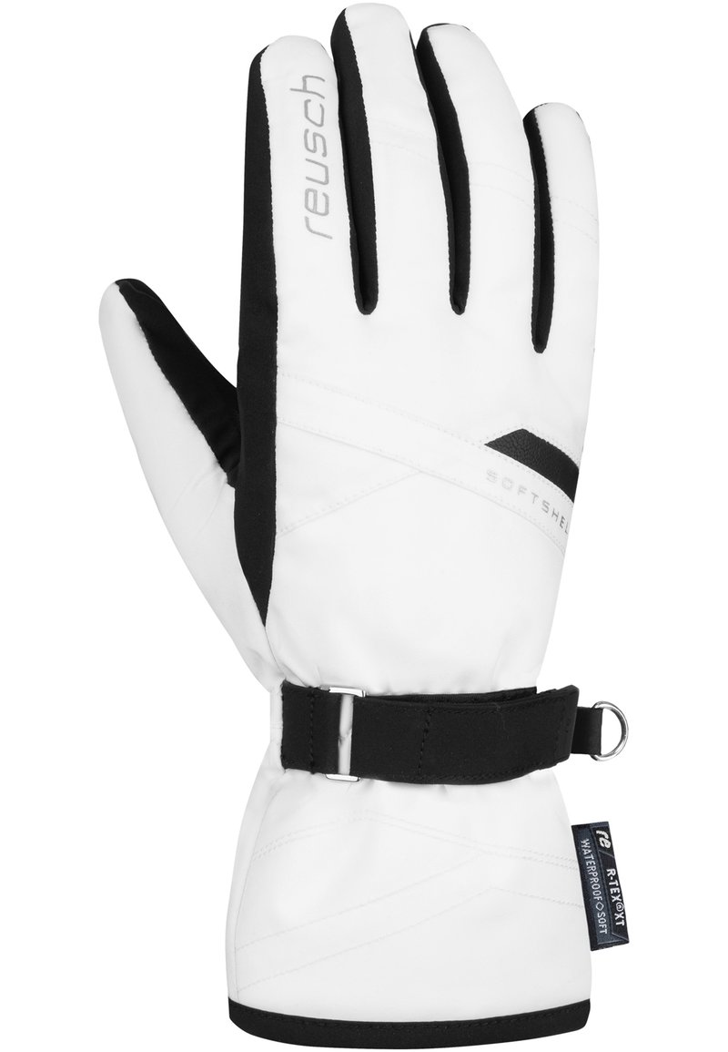 White softshell glove with black accents, textured grip, and adjustable wrist strap. Features a logo and waterproof material.