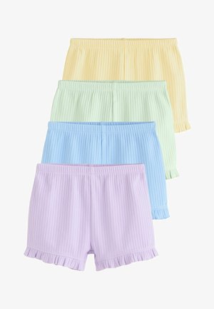 Pakke med fire ribstrikkede shorts i pastelfarver: gul, grøn, blå og lavendel. Hver enkelt har en flæsekant og elastik i taljen.