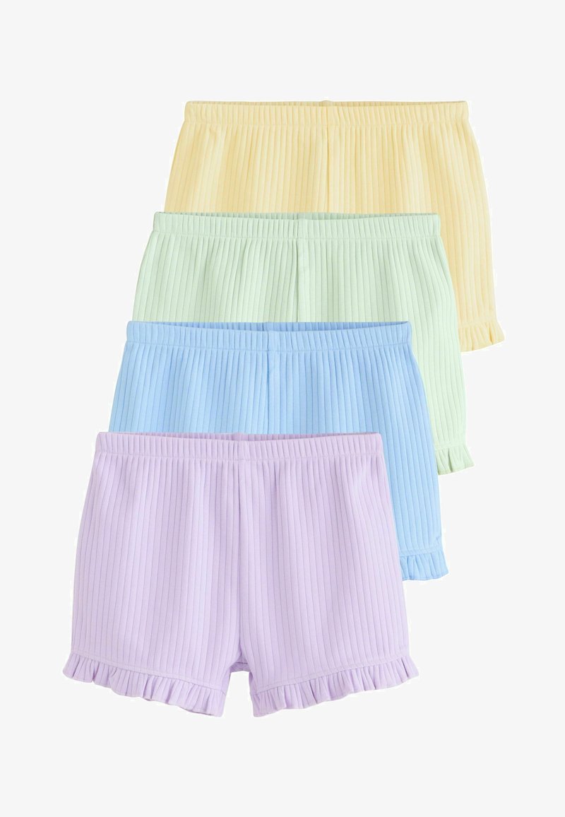 Lot de quatre shorts côtelés aux couleurs pastel : jaune, vert, bleu et lavande. Chacun est doté d'un ourlet à volants et d'une taille élastique.