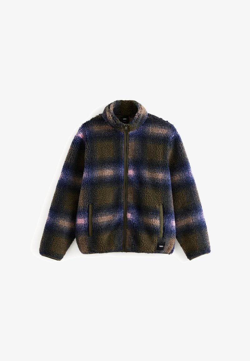 Veste polaire zippée intégrale avec col haut, motif à carreaux foncé en bleu marine, marron et rose, avec poches latérales et étiquette logo Vans à l'ourlet.