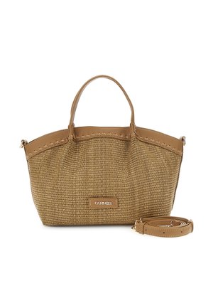 Borsa a tracolla intrecciata color cuoio con rifiniture in pelle, doppi manici, tracolla rimovibile e etichetta rettangolare del marchio sul davanti.