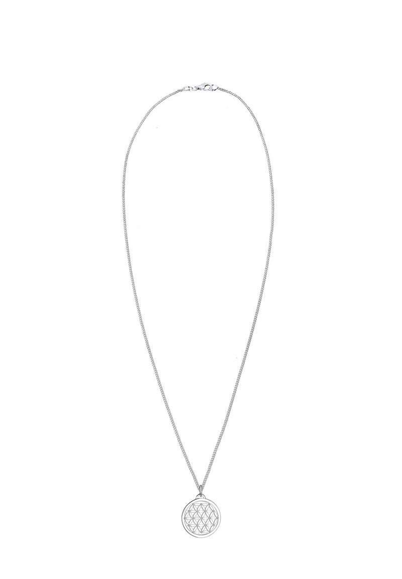 Sølv halskæde med en fin kæde og cirkulært vedhæng, der har et geometrisk livets blomst design. Glat tekstur og minimalistisk stil.
