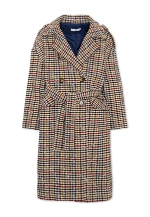 Lange dubbelgebreaste jas met riem, brede revers en ruitpatroon in beige, zwart, rood en blauw, met een donkere voering.