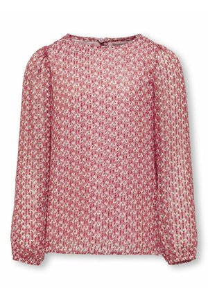 Blusa rosa leggera e trasparente con una texture a motivi, scollatura rotonda e maniche lunghe a sbuffo. Chiusura con bottoni sul retro.