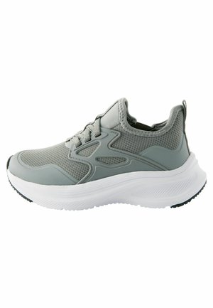 Light gray athletic shoes featuring a breathable mesh upper, padded collar, and white rubber sole with textured detailing.