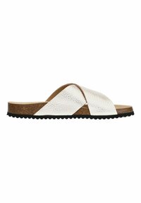 Sandales à lanières croisées blanches en cuir texturé, avec semelle en liège et semelle en caoutchouc noire à bords ondulés.
