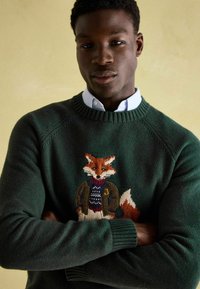 Junger Mann mit verschränkten Armen, der einen dunkelgrünen Pullover trägt, auf dem ein Fuchs in Jacke und Pullover abgebildet ist, vor einem hellen Hintergrund.